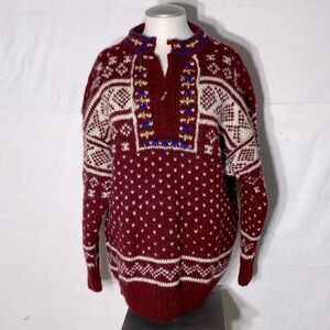 Namaste Woolens Hand Crafted In Nepal Red White Jacquard Knit Sweater L